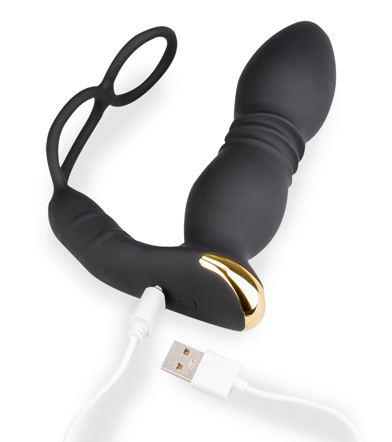 Analplug mit Stoßfunktion, Vibration und Cockringen Luck