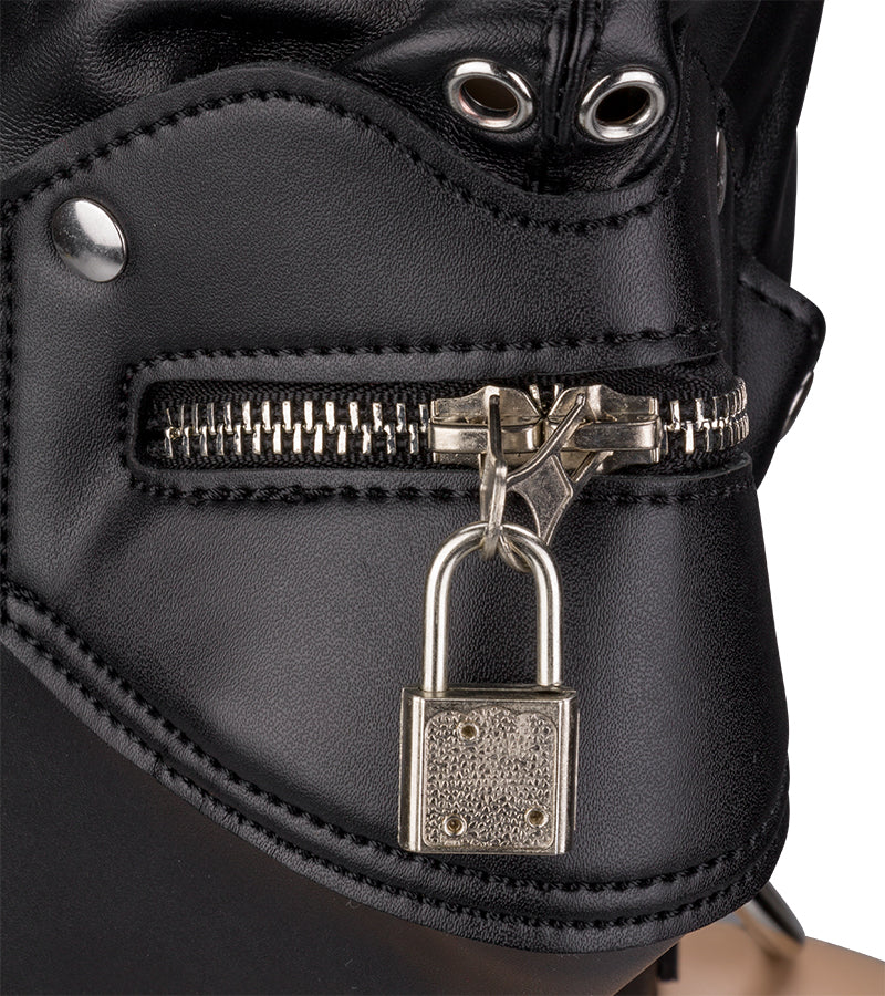 BDSM-Kopfmaske mit Reißverschluss am Mund und Schloss